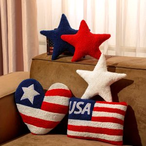 5 Pcs Patriotic Pillows 4th Of July Independence Day Wool Pillow Memorial Day Patriotic Pillow Americana Farmhouse Flag Stripe USA Stars Shaped Plush Cushion For Sofa Couch Bedroom Livingroom