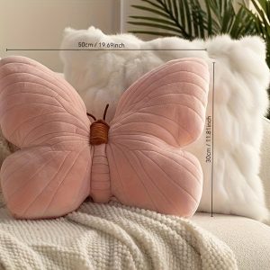 Soft Pink Butterfly Pillow - Classic Style, Suitable for Allergies, Machine Washable, Multi-Purpose, Sewn Closure, Synthetic Cover, No Battery Required