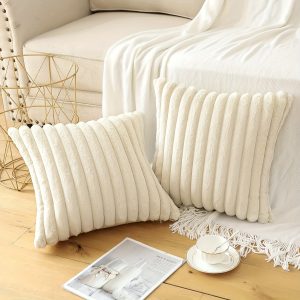 2-Piece Ivory Velvet Rabbit Fur Throw Pillow Covers, Soft Faux Fur Sofa Covers for Sofa, Bed, Chair, Home Decor