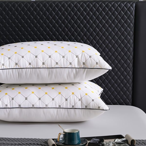 Luxury Hotel Bed Pillow with Quilted Design And Yellow Accents - Machine Washable, High-Quality, And Perfect for Side Or Back Sleeping